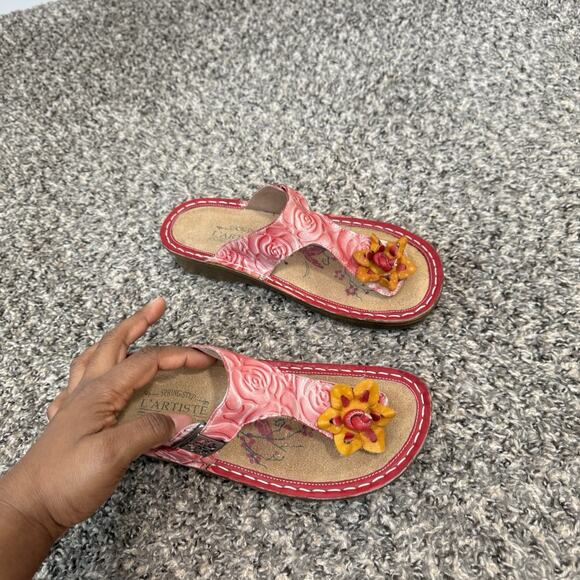 Lartiste Aldora Sandals Pink Leather Floral Colorful Thongs Slip On 30 US 8.5 - Picture 4 of 10